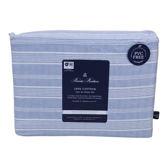 Brooks Brothers Twin XL Sheet Set 100% Cotton Indigo Striped 17" Deep Mattress - Picture 7 of 7